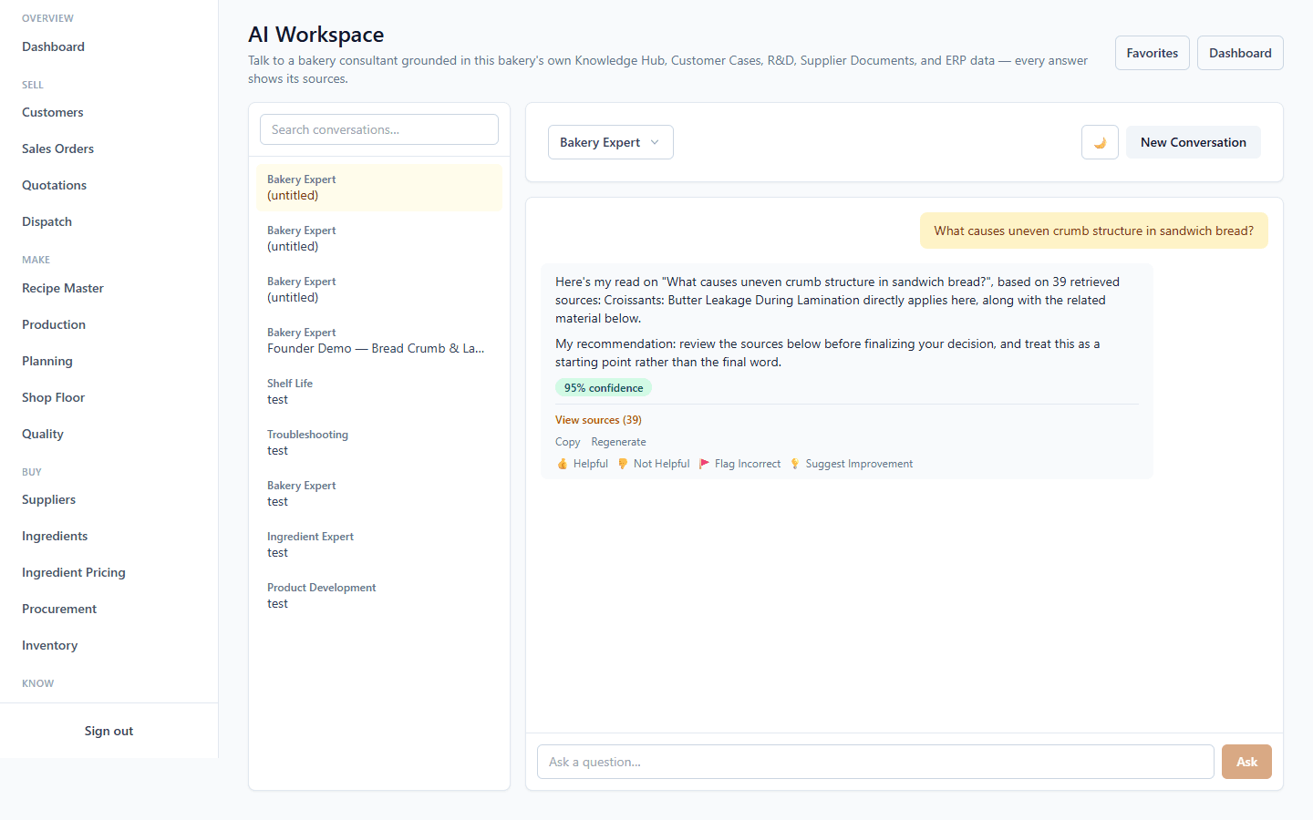FoodOS AI Workspace showing a real, grounded, cited answer with 95% confidence and 39 retrieved sources