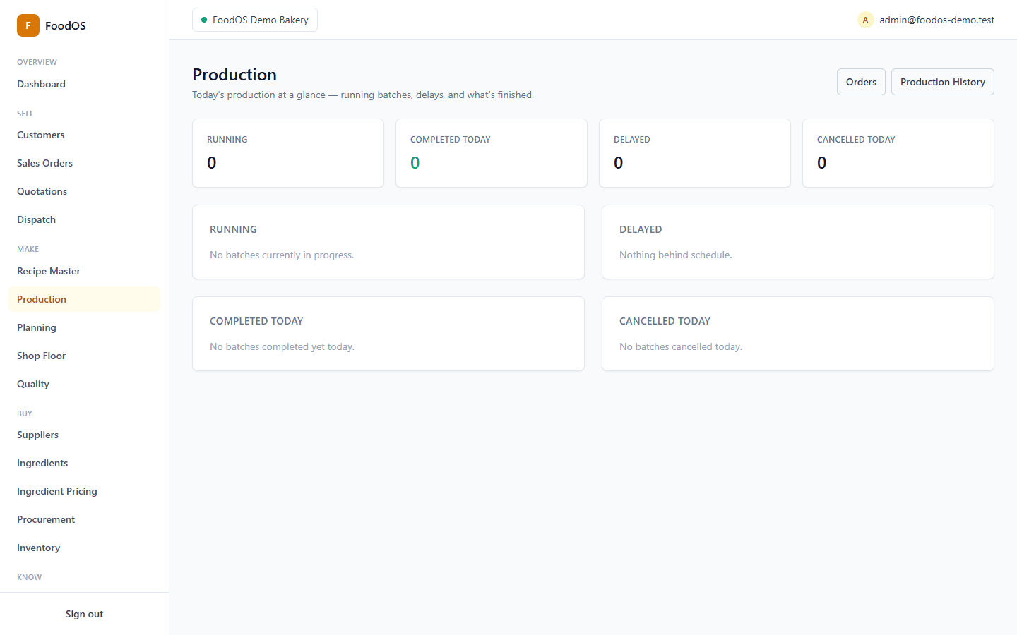 FoodOS production dashboard showing running, completed, delayed, and cancelled batches
