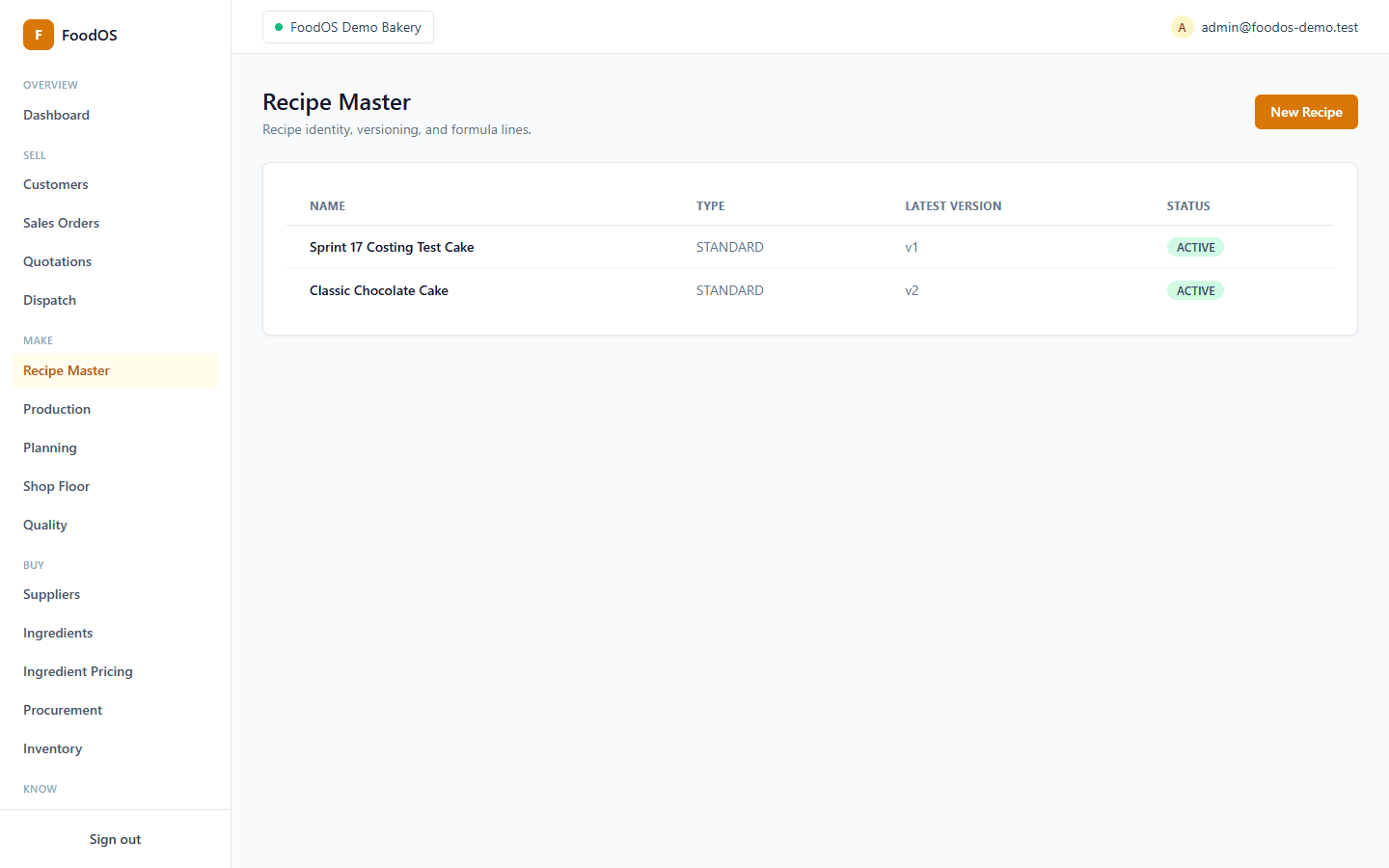 FoodOS Recipe Master showing formula-based, versioned recipes for bakery products
